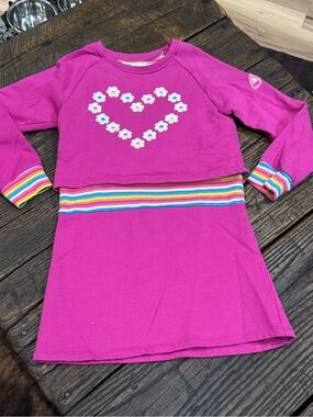 Hatley Girls Pink Long Sleeve Dress with Striped Trim & Heart Embroidery Size 6